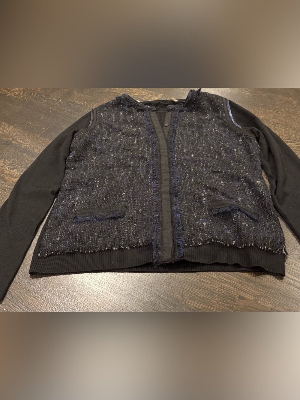 Elie Tahari Rachel Tweed Fringe Knit Sweater Jacket